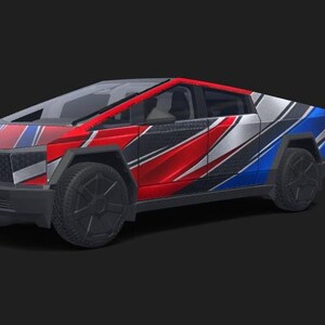 Puede incluir: Una camioneta con un diseño de carrocería angular y afilado que presenta un vinilo personalizado con rayas diagonales en rojo, blanco y azul. El vehículo tiene ruedas negras, una parrilla delantera oscura y una línea de techo inclinada y geométrica.