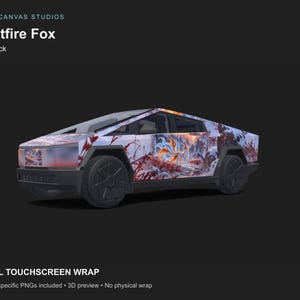 May include: A digital vehicle wrap design titled Frostfire Fox for a Cybertruck, featuring a graphic of a fox amidst snowy and fiery elements. The design includes a multi-coloured pattern with orange, white, and dark blue tones applied to the exterior.