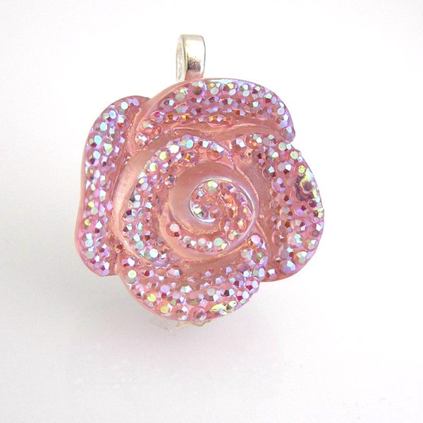 Grosso fiore ciondolo acrilico strass Super Sparkly 1 pollice - Chunky Collana ciondolo con cauzione 3D rosa