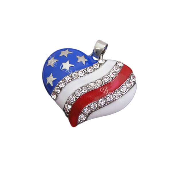 American Heart, Patriotic Pendant, Rhinestone Pendant, 4th of July Pendant, 1.25  inch, Chunky Necklace Pendant, American Flag Heart