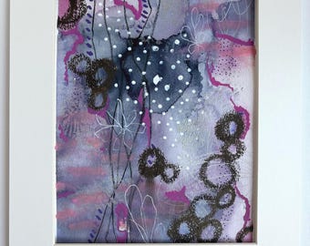 Original Abstract Painting 8x10 | Midnight Garden | Purple & Blue Mixed Media