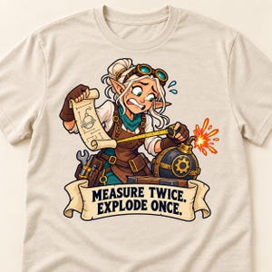 Könnte beinhalten: Ein beiges T-Shirt mit einer Cartoon-Illustration einer Figur mit spitzen Ohren, Schutzbrille und Werkzeuggürtel. Die Figur hält einen Bauplan und ein Maßband neben einer brennenden Bombe. Der Text lautet: MEASURE TWICE. EXPLODE ONCE.