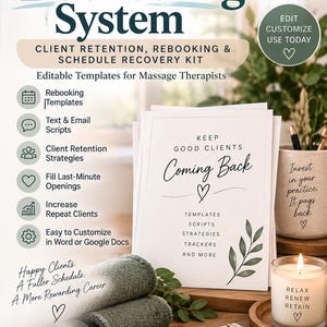 May include: The Booked-Again System kit for massage therapists includes editable templates, text and email scripts, client retention strategies, and trackers. The set features printed documents, two folded green towels, a candle, and a pen.