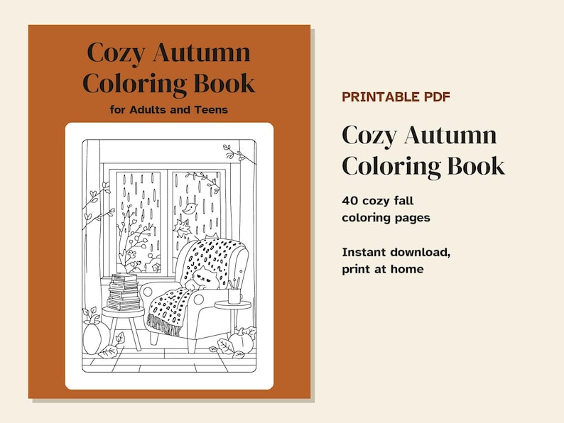 Cozy Autumn Coloring Pages Printable, 40 Fall Scenes, Reading Nooks, Cafes, Harvest, Rainy Days, Bold Lines, Instant Download PDF