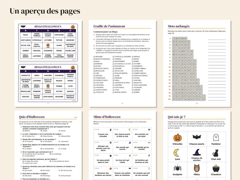 French Halloween Party Games Printable, Bingo 30 Cards, Quiz, Charades, Would You Rather, Teens and Adults, PDF