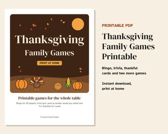 Thanksgiving Games Printable for Families, Thanksgiving Bingo, Trivia and Thankful Cards, Table Game Pack