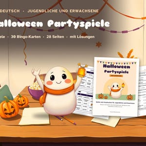 German Halloween party games printable: 6 games, 30 bingo cards, 28 pages, with answers