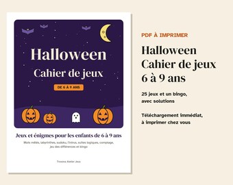 Franskt Halloween-aktivitetspaket för barn 6-9, utskrivbara pussel, bingo (PDF)