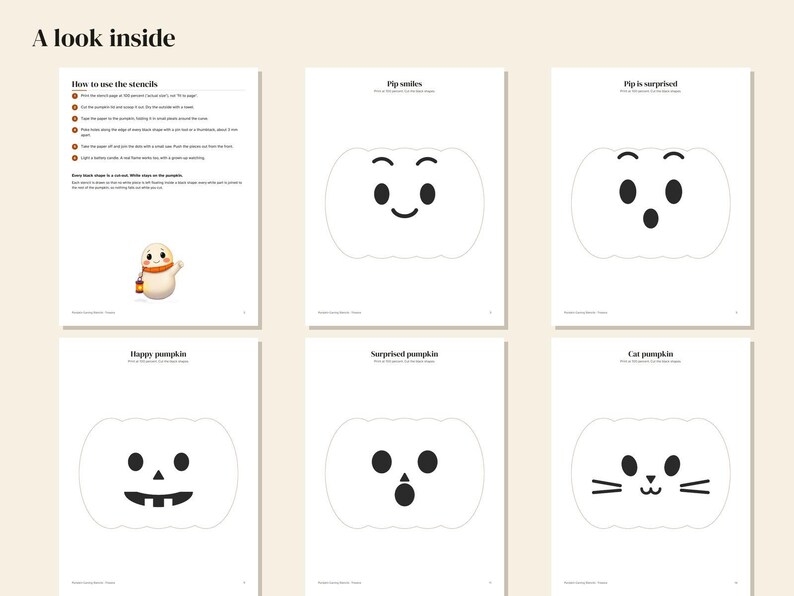 Pumpkin Carving Stencils Printable, 12 Easy Cute Faces, Pip Pumpkin Patterns, Kids Halloween Template, SVG Cut Files