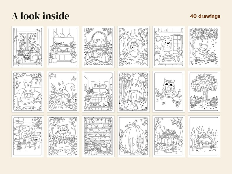 Cozy Autumn Coloring Pages Printable, 40 Fall Scenes, Reading Nooks, Cafes, Harvest, Rainy Days, Bold Lines, Instant Download PDF