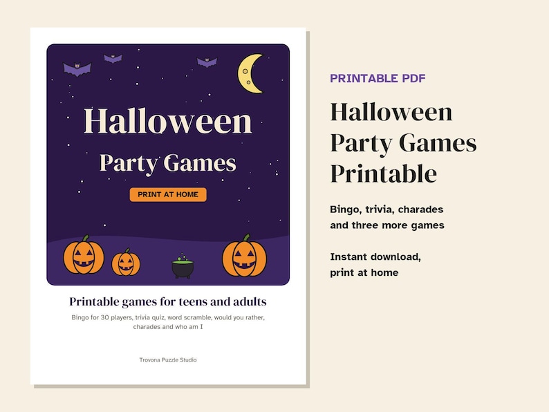 Halloween Party Games Printable for Teens and Adults, Bingo 30 Cards, Trivia, Charades, Would You Rather, Instant Download PDF