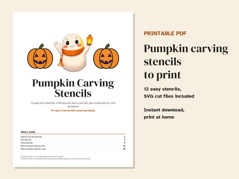 Pumpkin Carving Stencils Printable, 12 Easy Cute Faces, Pip Pumpkin Patterns, Kids Halloween Template, SVG Cut Files