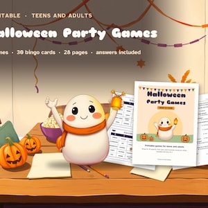Halloween Party Games printable: 6 games, 30 bingo cards, 28 pages, answers included