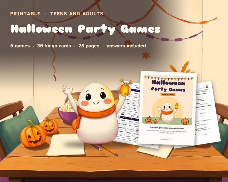 Halloween Party Games printable: 6 games, 30 bingo cards, 28 pages, answers included