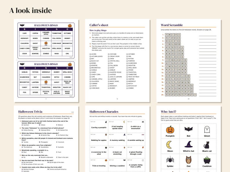 Halloween Party Games Printable for Teens and Adults, Bingo 30 Cards, Trivia, Charades, Would You Rather, Instant Download PDF
