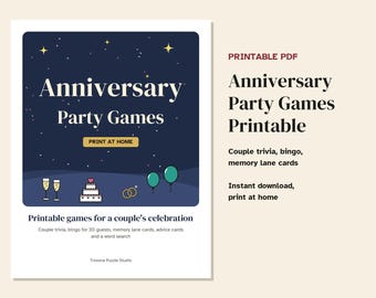Gry na rocznicę do druku, quizy dla par, bingo, karty do Memory Lane (PDF)
