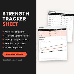 Op de afbeelding: Een digitaal kracht-trackerblad voor Google Sheets en Excel met een trainingslogboek en PR-bord. De tekst luidt STRENGTH TRACKER SHEET, Auto 1RM calculator, PR board updates itself, Weekly progress chart, Exercise dropdowns, Works on phone.
