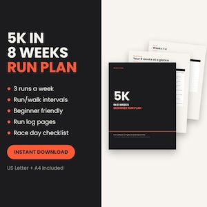 May include: A 5K in 8 weeks run plan document featuring a black cover with white and orange text. The plan includes 3 runs a week, run/walk intervals, run log pages, and a race day checklist. The digital file includes US Letter and A4 sizes.