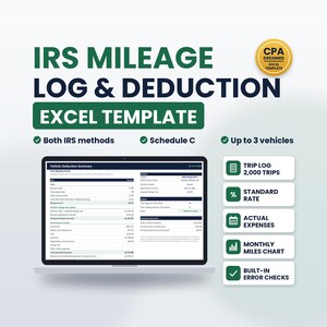 IRS Mileage Log Excel Template | Schedule C Vehicle Deduction Tracker (Digital Download)