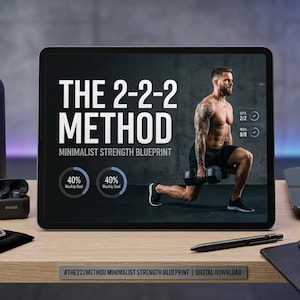 Pode incluir: Um tablet exibindo The 2-2-2 Method Minimalist Strength Blueprint, uma garrafa de água preta com visor digital, fones de ouvido sem fio em um estojo, uma balança preta, uma caneta preta e um diário aberto sobre uma superfície de madeira.