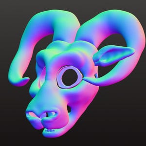 Pode incluir: Um modelo digital tridimensional de uma máscara de cabeça de carneiro com um gradiente de cor iridescente vibrante que alterna entre tons de ciano, magenta e verde-limão. A máscara exibe grandes chifres curvos, uma órbita ocular e um focinho.
