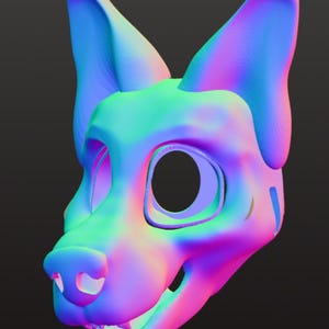 May include: A three-dimensional digital model of an animal head mask featuring large pointed ears, a snout, and open eye sockets. The surface displays a vibrant iridescent gradient of blue, green, purple, and pink hues across its entire structure.