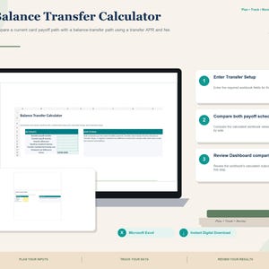 May include: A digital Balance Transfer Calculator spreadsheet displayed on a laptop screen and a tablet. The interface includes sections for entering transfer setup, comparing payoff schedules, and reviewing dashboard comparisons with text labels.
