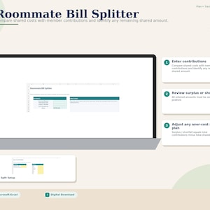 May include: A digital Roommate Bill Splitter template displayed on a laptop screen. The interface includes sections for entering contributions, reviewing surplus or shortfall, and adjusting split plans, with a secondary view labelled Split Setup.