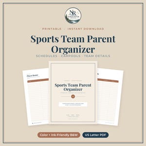 Op de afbeelding: Een digitale sportteam-ouderorganizer met een printbare voorpagina en twee binnenbladen voor roosters en schema's. Het ontwerp gebruikt een beige achtergrond met donkerblauwe tekst, inclusief de titel Sports Team Parent Organizer.