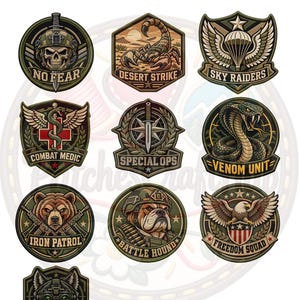 Könnte beinhalten: Ein Set aus zehn militärischen und taktischen Aufnähern mit verschiedenen Motiven wie Totenkopf, Skorpion, Fallschirm, Sanitätskreuz, Dolch, Schlange, Bär, Bulldogge, Adler und Wolf sowie dazugehörigen Schriftzügen wie No Fear.