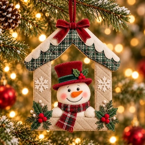 May include: A fabric Christmas ornament shaped like a house frame with a snowman wearing a red top hat and plaid scarf. The frame features green plaid fabric, white scalloped trim, embroidered snowflakes, and holly berry accents at the base.