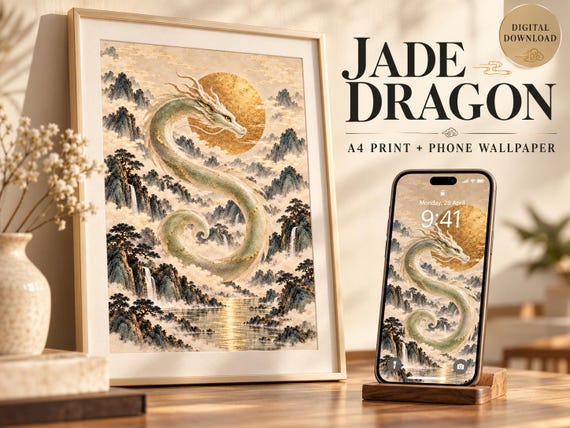 Jade Dragon Wall Art & Phone Wallpaper, A4 Printable Art, Chinese Inspired Digital Download