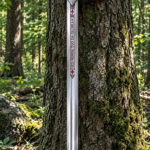 May include: A silver-toned metal sword with a brown leather-wrapped grip and a pommel featuring a red cross. The crossguard is engraved with the text NON NOBIS, DOMINE, and the blade features the inscription SED NOMINI TUO DA GLORIAM.
