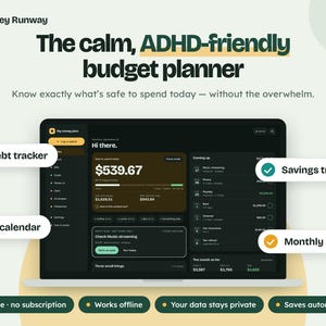 May include: A digital budget planner interface displayed on a laptop screen titled Money Runway. The dashboard features a dark theme with sections for debt tracker, bill calendar, savings tracker, and monthly budget, showing financial data.