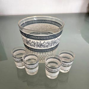 Vintage Federal Glass Ice Bucket and Shot Glasses Set, Mid Century Modern Greek Key Chariot Barware, MCM Pompeii Cocktail Set, 5 Piece