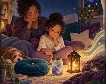 Könnte beinhalten: Ein 42-seitiges digitales PDF mit dem Titel Telliwisp Calm Corner Story & Skills Kit für Kinder von 4-9 Jahren. Das Cover zeigt einen Erwachsenen und ein Kind, die mit einem Hund und einer Katze, einer leuchtenden Laterne und einem Glas voller Sterne sitzen.
