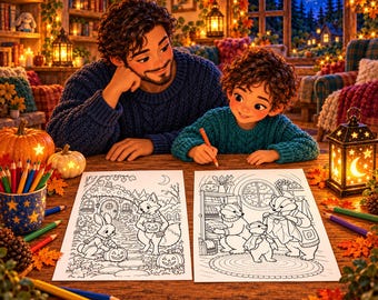 Könnte beinhalten: Zwei Personen in blauen Zopfmusterpullovern sitzen an einem Holztisch und malen zwei schwarz-weiße Illustrationen aus. Eine Seite zeigt einen Hasen und einen Fuchs mit Kürbissen, die andere drei Dachse. Buntstifte und Laternen stehen auf dem Tisch.