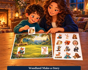 Könnte beinhalten: Ein Woodland Make-a-Story Sticker Adventure Set mit einer großen Landschaftsszene und einem Bogen mit zwölf Tieraufklebern, darunter ein Fuchs, ein Hase, ein Bär, eine Eule, ein Eichhörnchen, ein Igel, ein Otter und ein Biber.