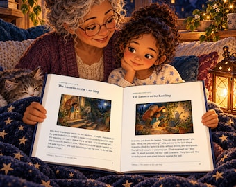 Könnte beinhalten: Ein aufgeschlagenes Bilderbuch mit dem Titel The Lantern on the Last Step, gehalten von einer älteren Person und einem Kind. Das Buch zeigt Illustrationen und Text über einen Garten bei Nacht. Eine schlafende getigerte Katze liegt auf einer dunkelblauen Decke mit goldenen Sternen.