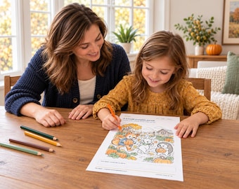 Könnte beinhalten: Ein weißes Ausmalblatt mit dem Titel A friendly pumpkin parade, das Illustrationen eines Fuchses, eines Hasen und eines Igels mit Kürbissen zeigt. Die Seite enthält ein leeres Feld zum Schreiben und wird mit einem orangefarbenen Stift bemalt.