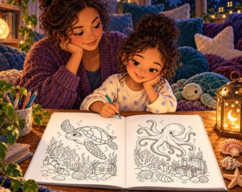 Könnte beinhalten: Ein aufgeschlagenes Malbuch auf einem Holztisch zeigt schwarz-weiße Strichzeichnungen einer Meeresschildkröte und eines Oktopus in Unterwasserszenen mit Schatztruhen. Eine Person und ein Kind betrachten das Buch neben einer Laterne.