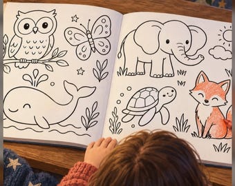 Könnte beinhalten: Ein offenes Malbuch mit dem Titel Big & Easy Animal Colouring Book mit 36 Seiten. Die Seiten zeigen schwarz-weiße Strichzeichnungen einer Eule, eines Schmetterlings, eines Wals, eines Elefanten, einer Schildkröte und eines teilweise ausgemalten Fuchses.
