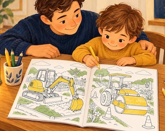 Könnte beinhalten: Ein offenes Malbuch mit Illustrationen eines gelben Baggers und einer gelben Straßenwalze auf einem Holztisch, begleitet von Buntstiften in einem Keramikbecher und losen Stiften, sowie einer leuchtenden Laterne.
