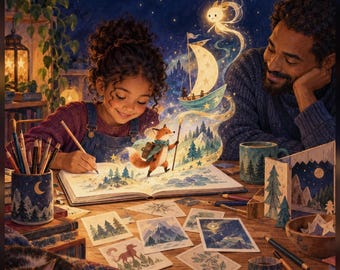 Könnte beinhalten: Ein digitales PDF mit dem Titel Family Story Lab von Telliwisp, das ein 40-seitiges druckbares Set enthält. Die Illustration zeigt ein Kind, das einen Fuchs in ein Buch zeichnet, mit einem leuchtenden Boot und einer Sternfigur, umgeben von Kunstbedarf.