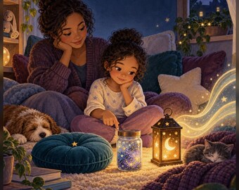 Könnte beinhalten: Ein digitales PDF-Paket mit dem Titel Family Connection Printable Bundle von Telliwisp, das 73 Seiten für Kinder von 4-10 Jahren enthält. Die Illustration zeigt zwei Personen mit lockigem Haar, einen Hund und eine Katze bei einer leuchtenden Laterne.