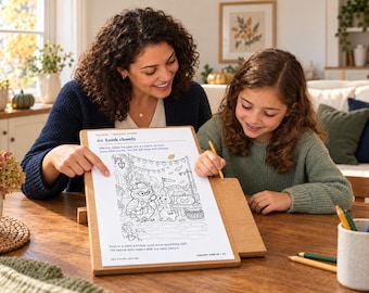 Könnte beinhalten: Ein hölzernes Klemmbrett mit einem weißen Arbeitsblatt mit der Überschrift 01 Look closely. Das Blatt zeigt eine schwarz-weiße Strichzeichnung einer Eule und eines Hasen in einer Parklandschaft mit einem Kürbis, Bäumen und Wimpeln.