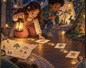 Könnte beinhalten: Ein 19-seitiges digitales PDF mit dem Titel Telliwisp Moonbeam Mystery Hunts, das eine Illustration von zwei Kindern zeigt, die mit einer Laterne und einer Lupe eine Spur aus Symbolkarten auf einem Holzboden und eine Karte erkunden.
