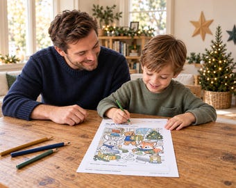 Könnte beinhalten: Ein weißes Ausmalblatt mit dem Titel The Gift Workshop, das einen Cartoon-Hasen, einen Bären und einen Fuchs zeigt, umgeben von Geschenken und einem Weihnachtsbaum. Das Papier liegt auf einem Holztisch neben drei Buntstiften.