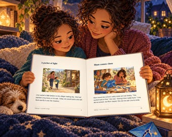 Könnte beinhalten: Ein aufgeschlagenes, illustriertes Bilderbuch mit dem Titel A pocket of light und Mum comes close, das zwei Personen beim gemeinsamen Lesen zeigt. Die Buchseiten enthalten farbige Szenen und Text auf einer dunkelblauen Decke mit Sternen.