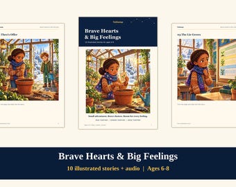 Könnte beinhalten: Ein Buch mit dem Titel Brave Hearts & Big Feelings mit 10 illustrierten Geschichten und Audio für 6- bis 8-Jährige. Das Cover und die Innenseiten zeigen ein Kind in einem Gewächshaus mit Pflanzen, Erde und Gartenwerkzeugen.